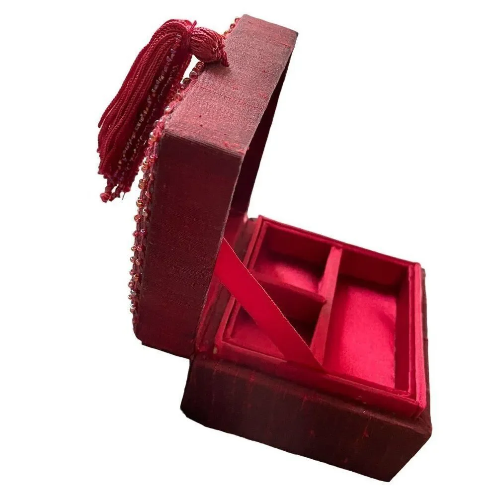 Vintage Red Jewelry Box with bead and tassel 4 x 4 x 3 mirror & removable insert